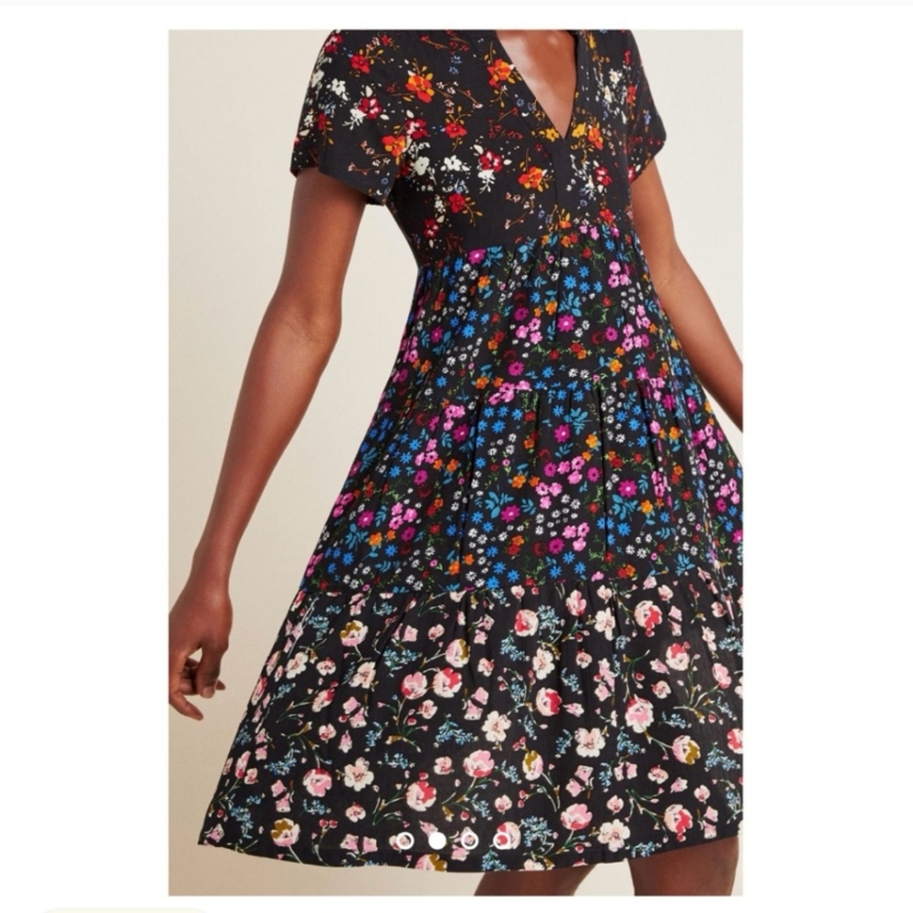 Anthropologie Pink and Blue Fit and Flare Midi Dress